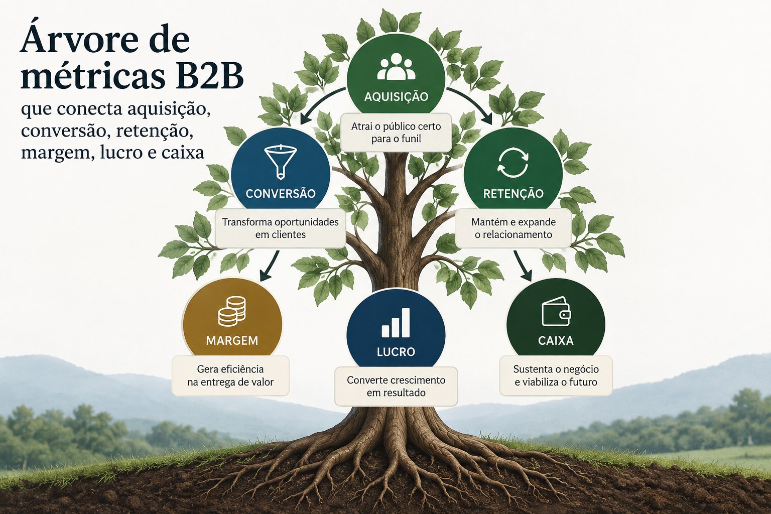 Árvore de métricas B2B que conecta aquisição, conversão, retenção, margem, lucro e caixa